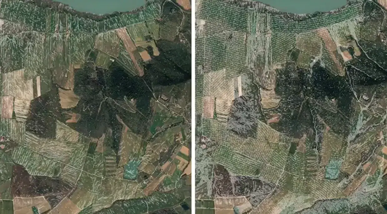 Due mappe affiancate dello stesso versante in Umbria: a sinistra lo scorrimento dell'acqua prima della Keyline, concentrato negli impluvi; a destra dopo, distribuito sul pendio
