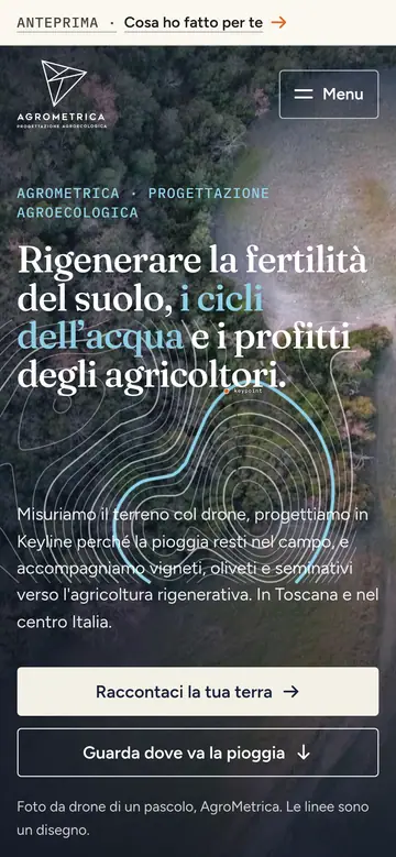 La prima schermata rifatta al telefono: il pascolo dal drone con le isoipse, la keyline e il titolo