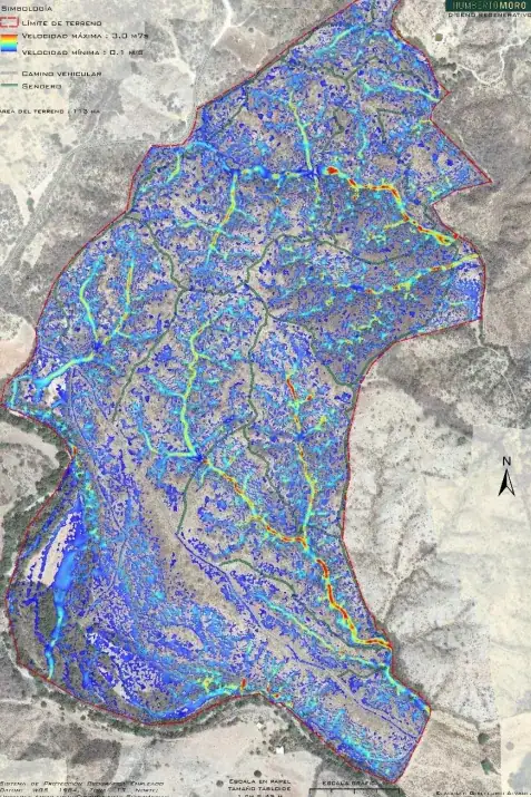 Mappa a colori dei deflussi di un'azienda: i rivoli d'acqua in blu e azzurro su un modello del terreno